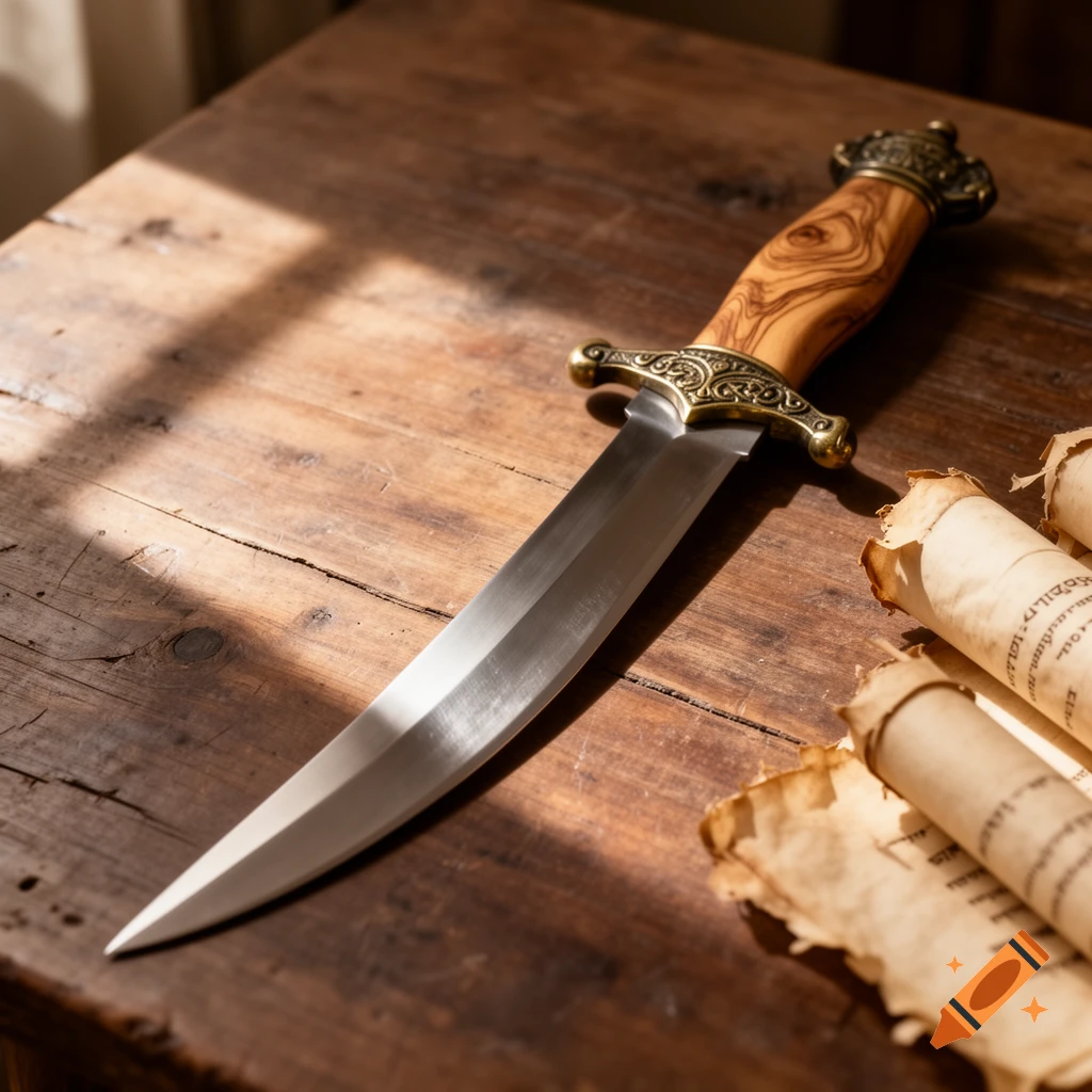 A dagger with a wooden handle and ornate brass guard and pommel lies on a rustic wooden table next to rolled ancient scrolls. Photorealistic.