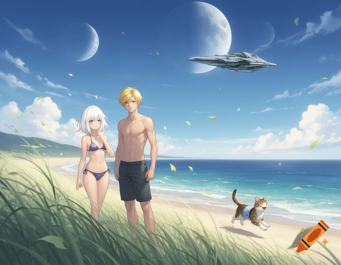Anime couple and a cat on a beach with tall grass, two moons, and a spaceship in the sky.
