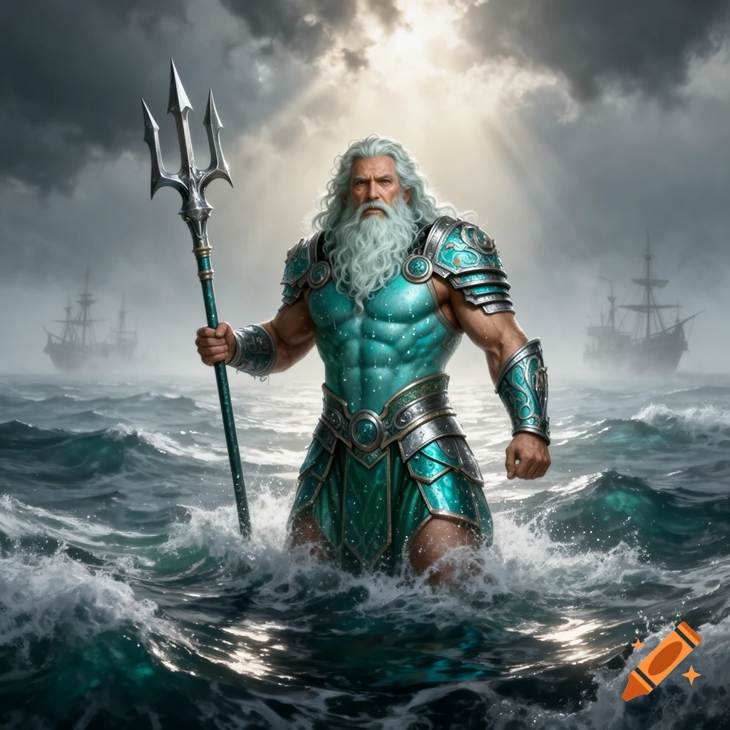 A powerful bearded man resembling Neptune, clad in turquoise armor, stands in rough ocean waves, holding a trident. Sunlit clouds and distant ships.