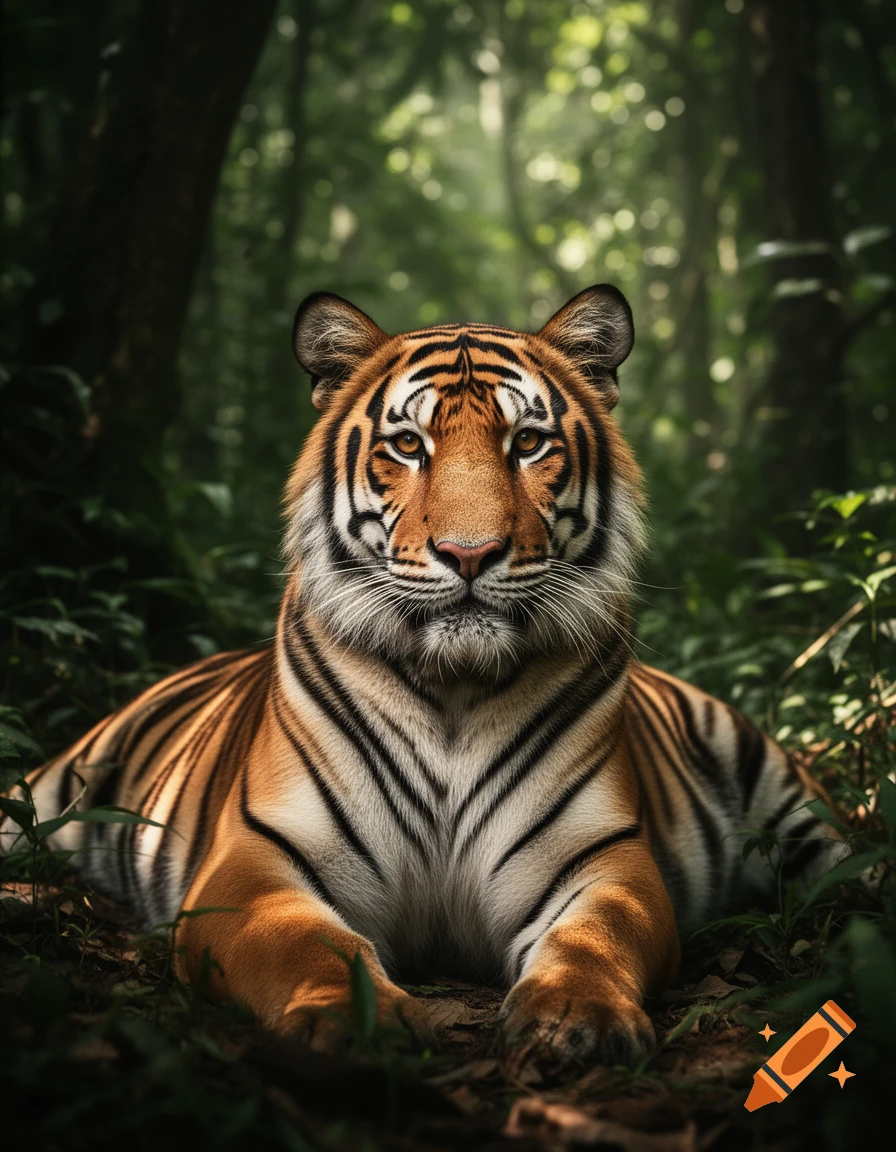 A photorealistic tiger with orange and black stripes lies in a lush green jungle, looking directly at the viewer.