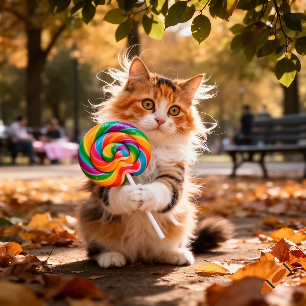 A fluffy orange and white cat holds a colorful swirled lollipop in an autumn park with fallen leaves.