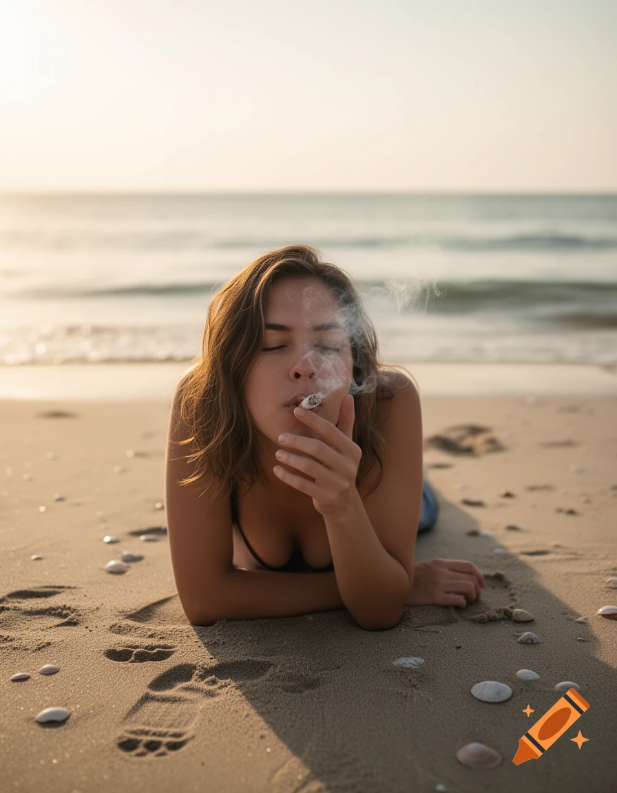 Photorealistic image of a woman lying on a sandy beach, eyes closed, exhaling smoke from a cigarette with the sea in the background.