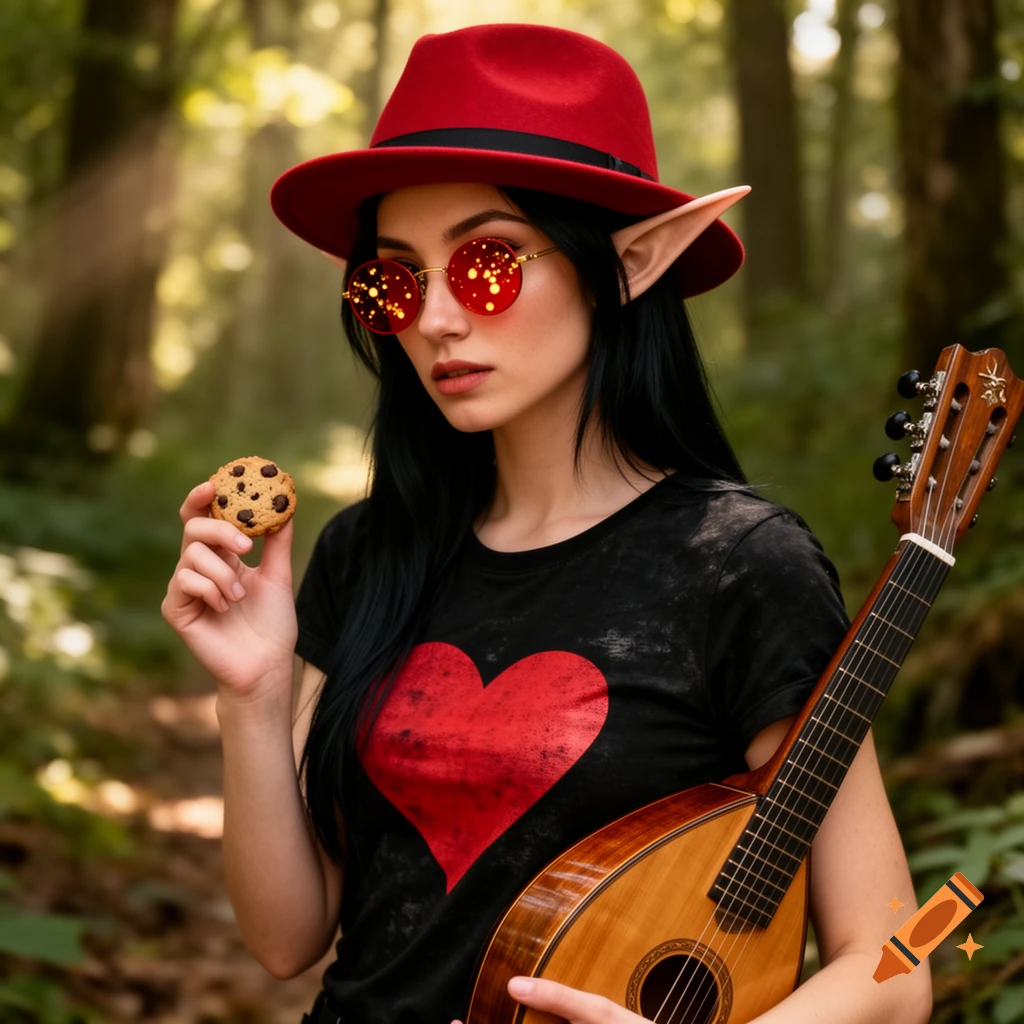 A female elf with black hair, a red fedora, and sparkling red sunglasses holds a cookie and a lute in a sunlit forest.