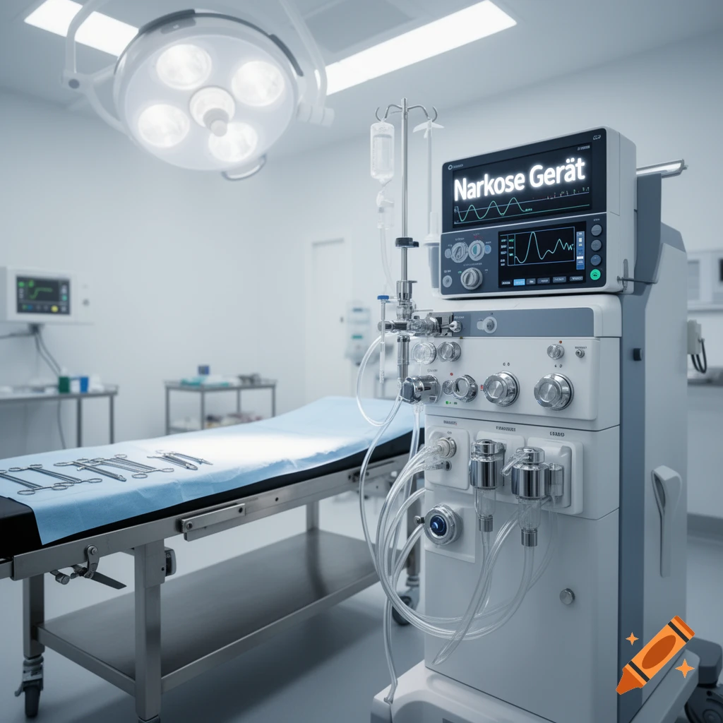 Photorealistic view of a clean operating room with an anesthesia machine and an operating table.