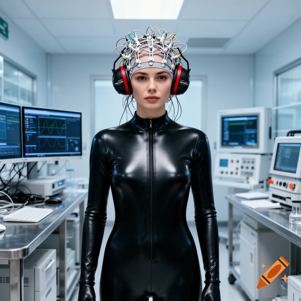 A woman in a black latex suit wears an EEG cap and red noise-canceling headphones in a sterile laboratory setting.