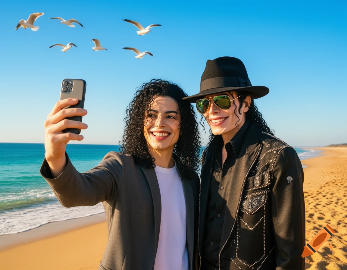 A smiling person with curly hair takes a selfie with a person resembling Michael Jackson on a sunny beach with seagulls flying overhead.
