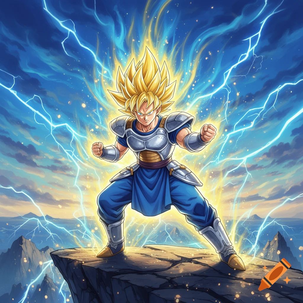 An anime warrior in armor, resembling Super Saiyan Goku, powers up with electric aura and lightning on a cliff overlooking mountains.