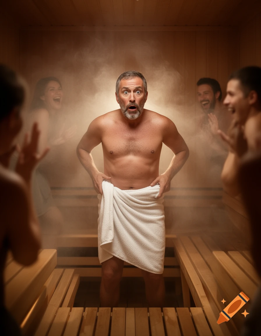 A surprised man in a white towel stands in a steamy wooden sauna while blurred people laugh in the background.