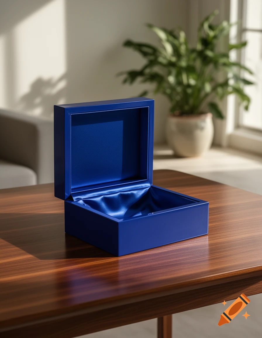 An open royal blue box with a satin interior sits on a polished wooden table in a sunlit room with a green plant in the background.