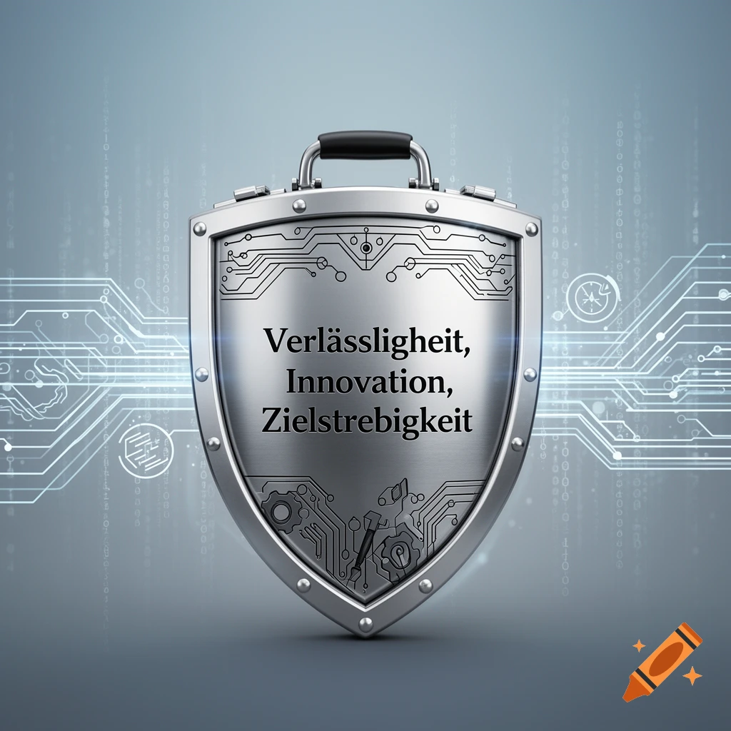 A silver shield featuring circuit board patterns and the German text "Verl Vsslichkeit, Innovation, Zielstrebigkeit" against a digital background.