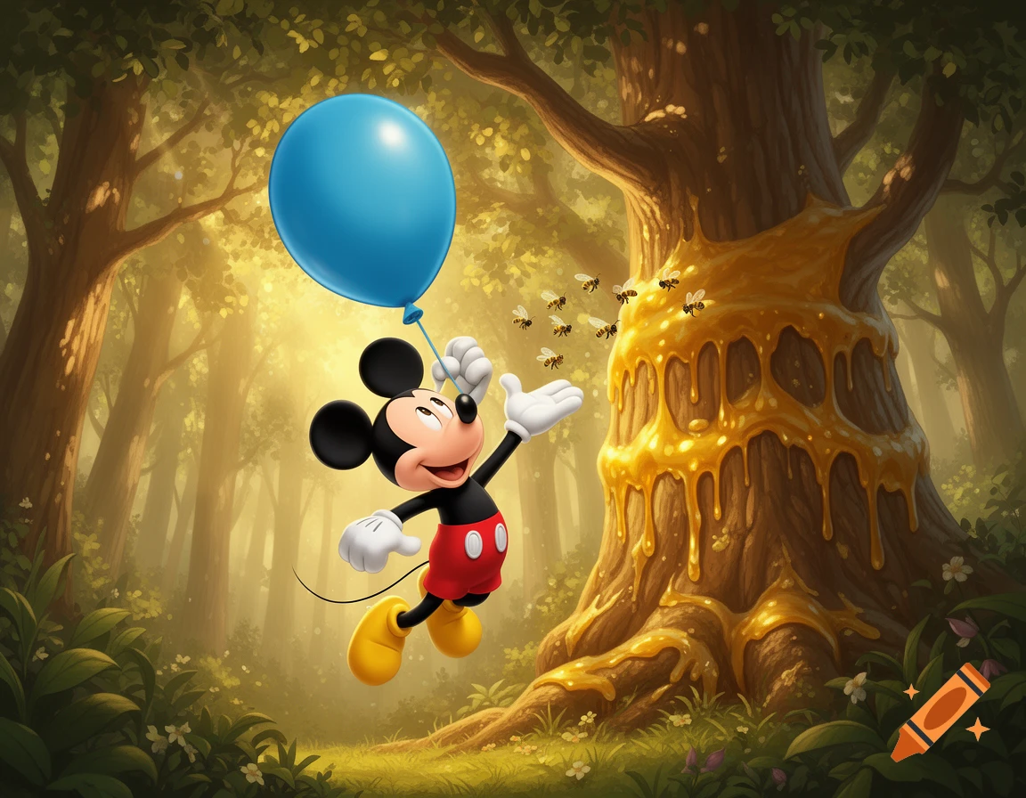 Cartoon Mickey Mouse floats in a sunny forest holding a blue balloon, looking at bees buzzing around a honey-covered tree.