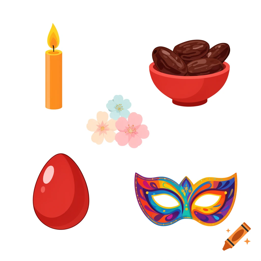Five illustrations: an orange candle, a red bowl of dates, three pastel flowers, a red egg, and a colorful masquerade mask.