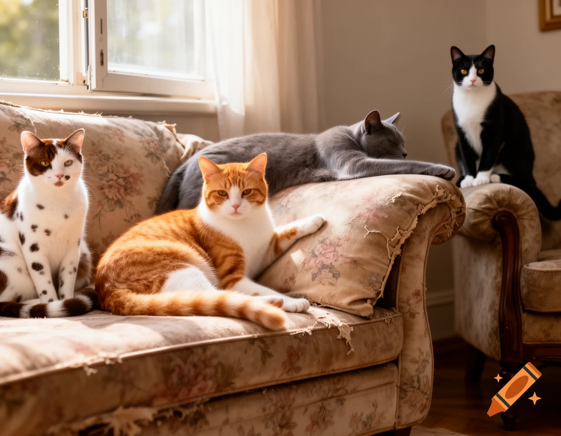 Four cats relax on a floral sofa by a sunny window: a brown and white, an orange and white, a sleeping gray, and a black and white cat.