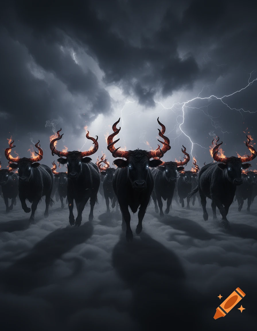 A herd of dark bulls with glowing eyes and flaming, twisted horns emerges from a stormy, lightning-filled sky over misty ground, photorealistic.