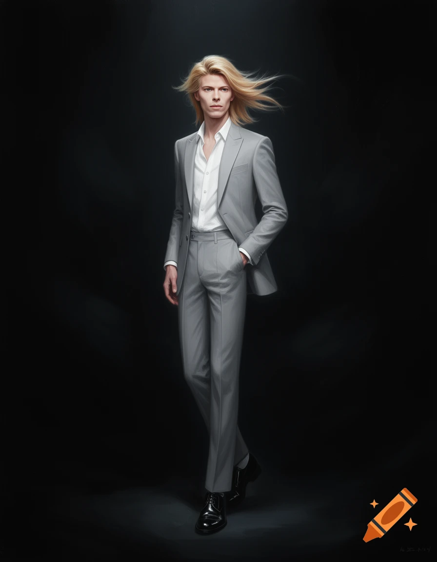 A blonde man resembling a younger David Bowie, wearing a light gray suit, white shirt, and black shoes, stands in a dark void.