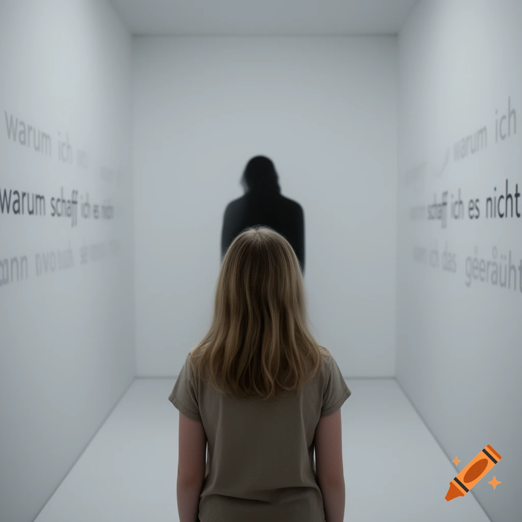Girl from behind in a white room with text on walls, looking at a dark silhouette, symbolizing depression.