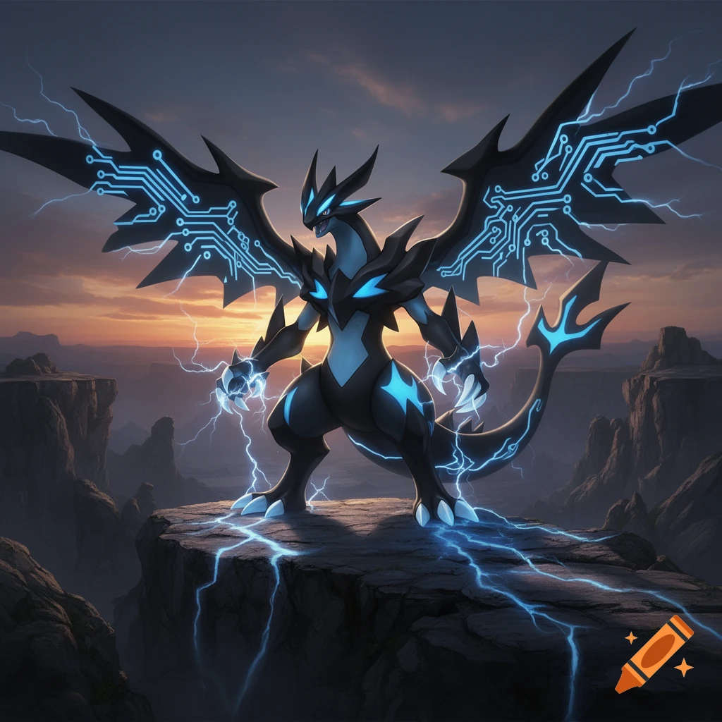 A powerful black dragon-like creature with glowing blue circuit patterns and lightning stands on a cliff at sunset.