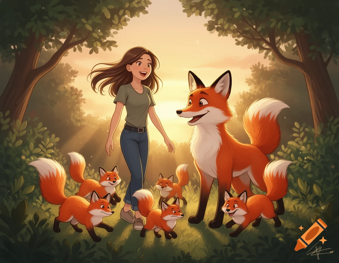 A happy cartoon woman walks in a sunlit forest with a large orange fox and several fox kits.