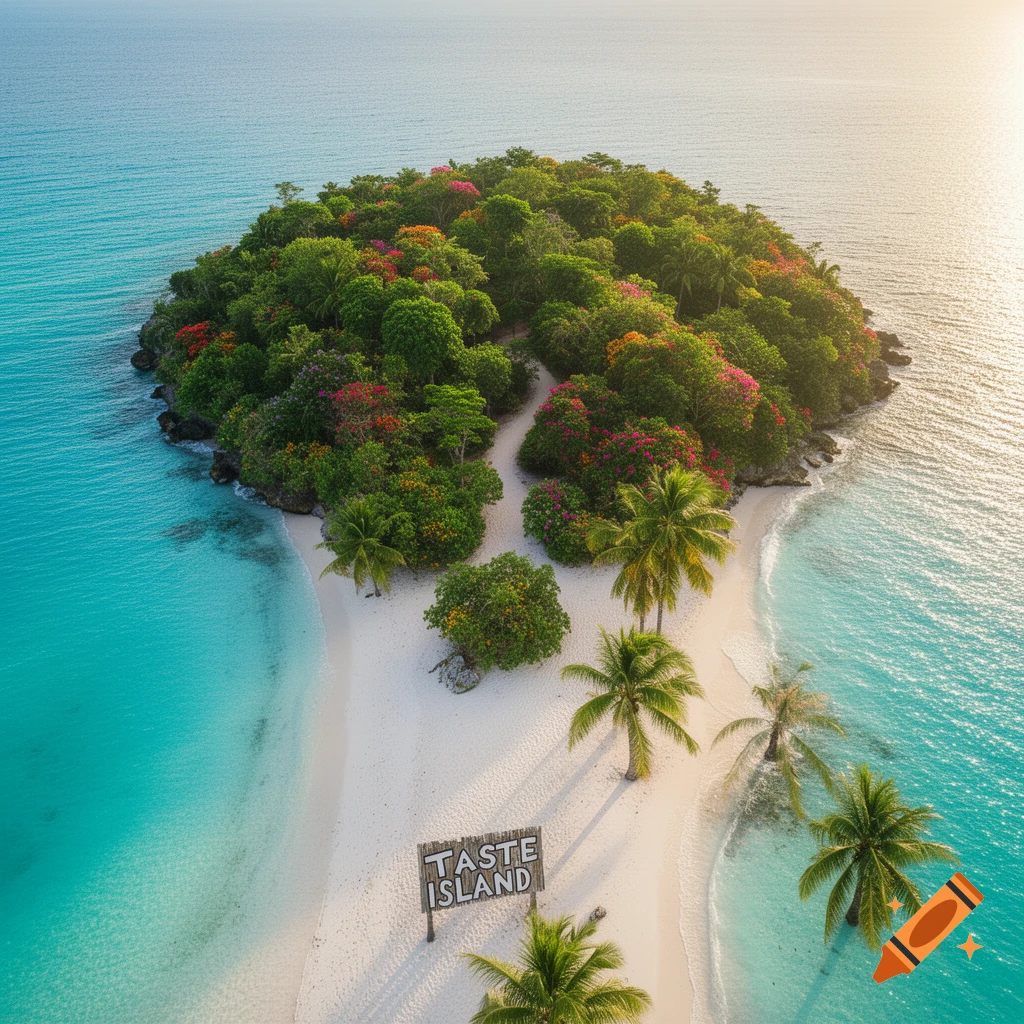 An aerial view of a lush tropical island with a white sandy beach and turquoise water, featuring a sign that reads 'TASTE ISLAND'.