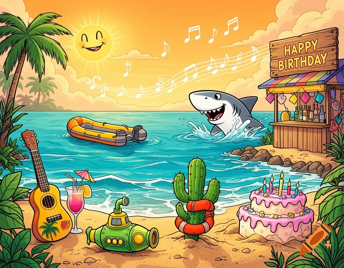 A vibrant cartoon beach scene with a smiling sun, shark, ukulele, submarine, birthday cake, and a 'Happy Birthday' beach bar.