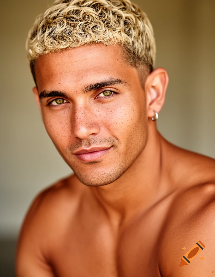 Close-up photorealistic portrait of a tan man with green eyes, freckles, short curly platinum blonde hair, and a silver hoop earring.