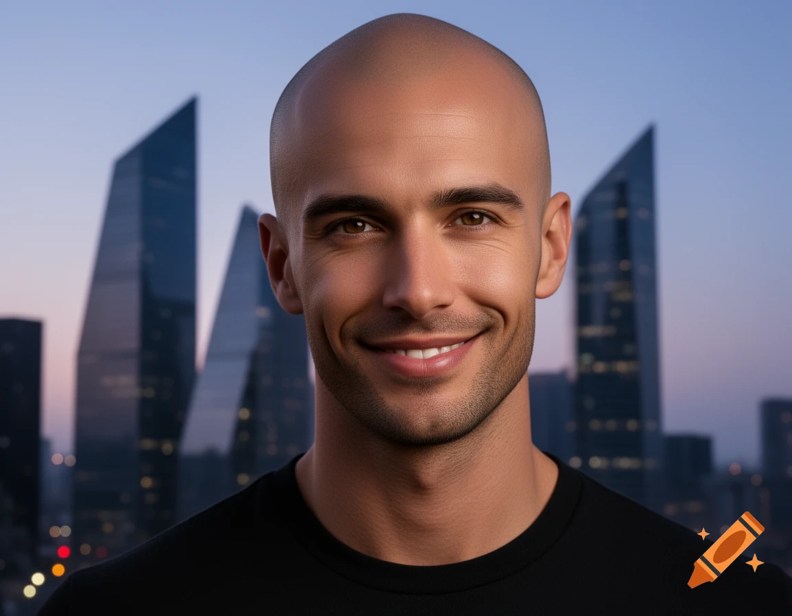 A smiling bald man with a beard stubble looking directly at the camera, with blurred city skyscrapers in the background at dusk. Photorealistic.
