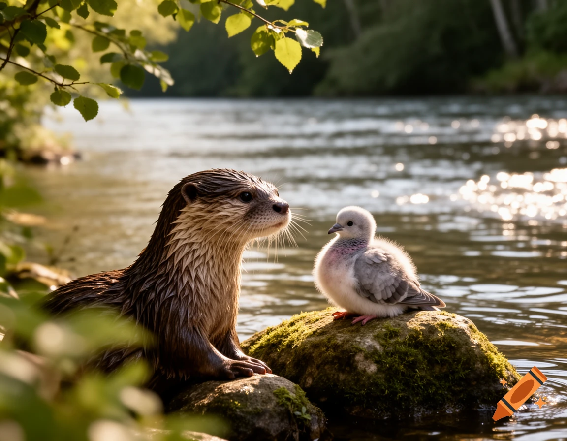 A wet otter sits by a sparkling river, looking at a fluffy baby pigeon perched on a mossy rock, surrounded by green foliage.