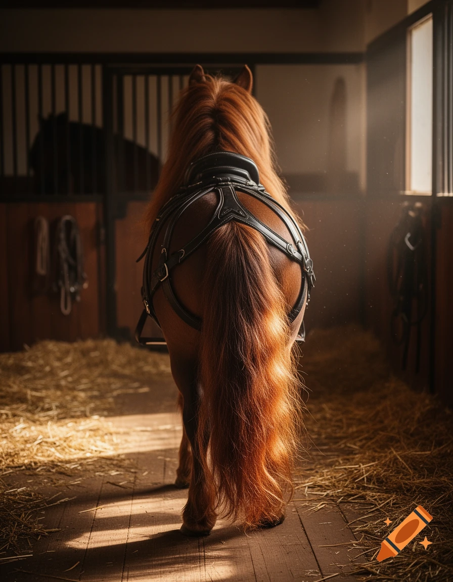 Photorealistic image of a brown horse with a long red tail and mane, wearing a harness, viewed from behind in a stable.