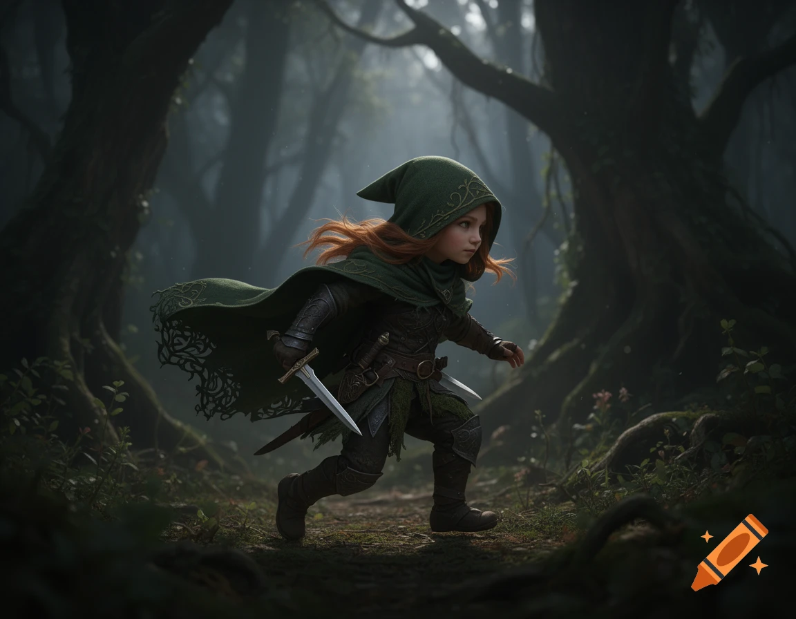 A young, red-haired character in a green hooded cloak and armor, holding daggers, runs through a dark, mossy fantasy forest.