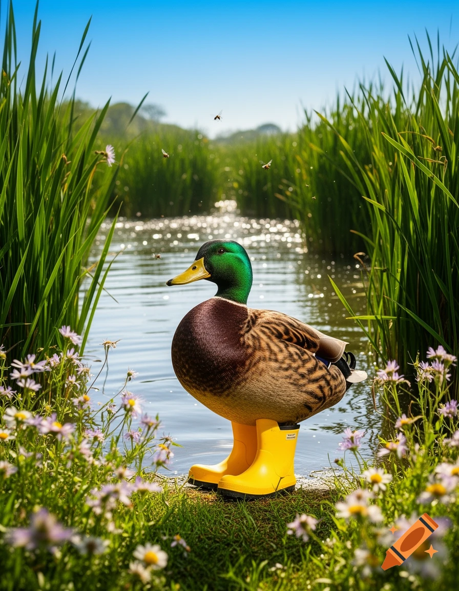 Photorealistic image of a mallard duck wearing bright yellow rubber boots, standing at the edge of a pond amidst tall green grass and small wildflowers.