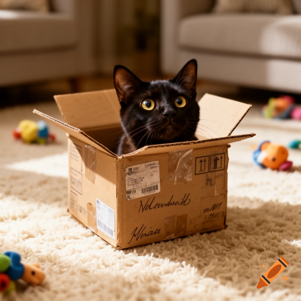 A fluffy black cat with large yellow eyes peeks out of a cardboard box on a light-colored shaggy rug in a sunlit room.