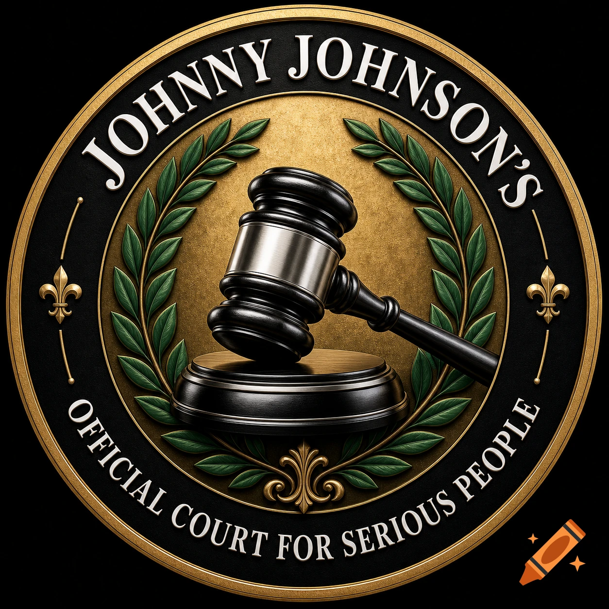 A gold and black circular logo with a gavel, laurel wreaths, and the text 'Johnny Johnson's Official Court for Serious People'.