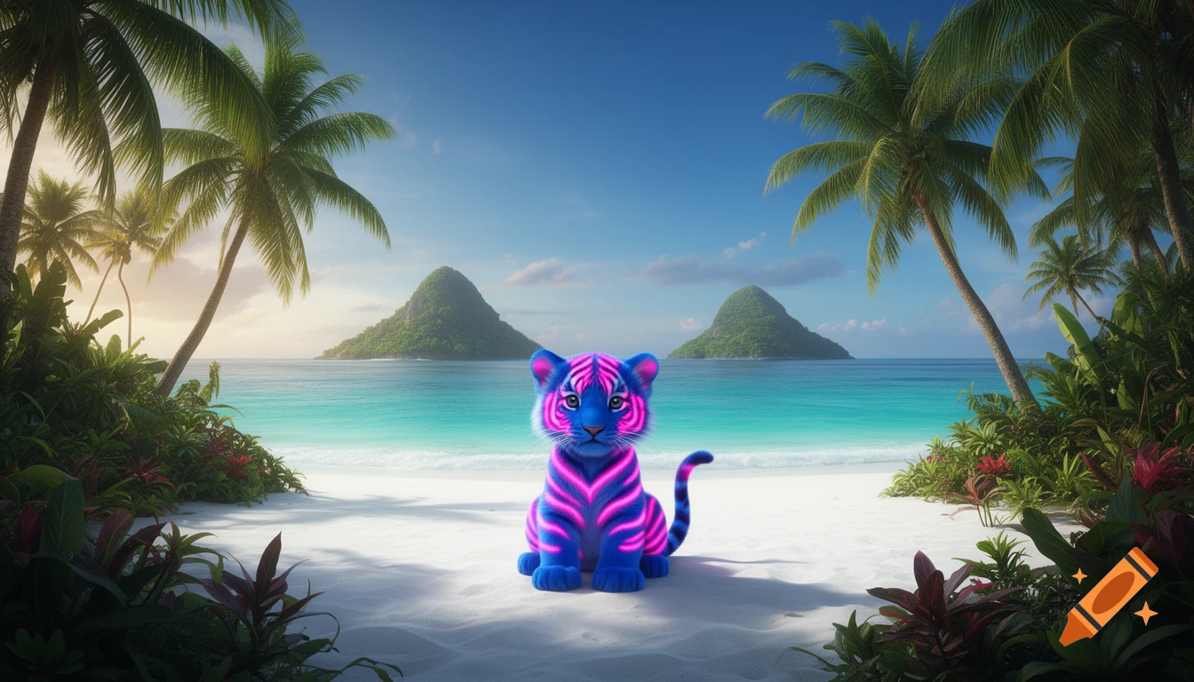 A cute blue and neon pink striped baby tiger cub sits on a white tropical beach with palm trees, islands, and turquoise ocean.