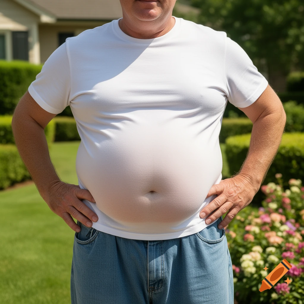 Midsection of a person with a large belly, wearing a white t-shirt and jeans, standing in a sunny garden.
