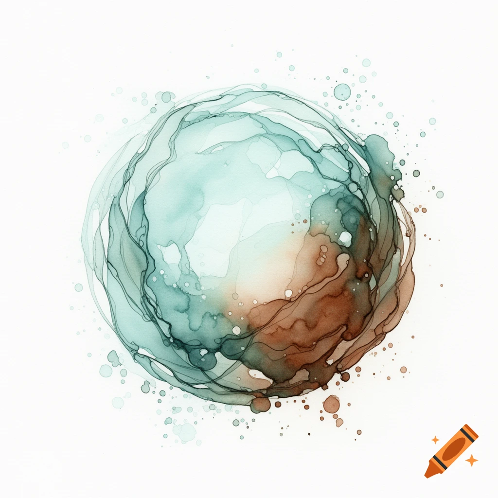 Abstract sphere of swirling aqua, green, and brown ink and watercolor on a white background with scattered dots.