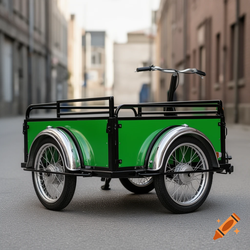 A bright green cargo bike with a black frame and silver fenders, parked on an asphalt city street.