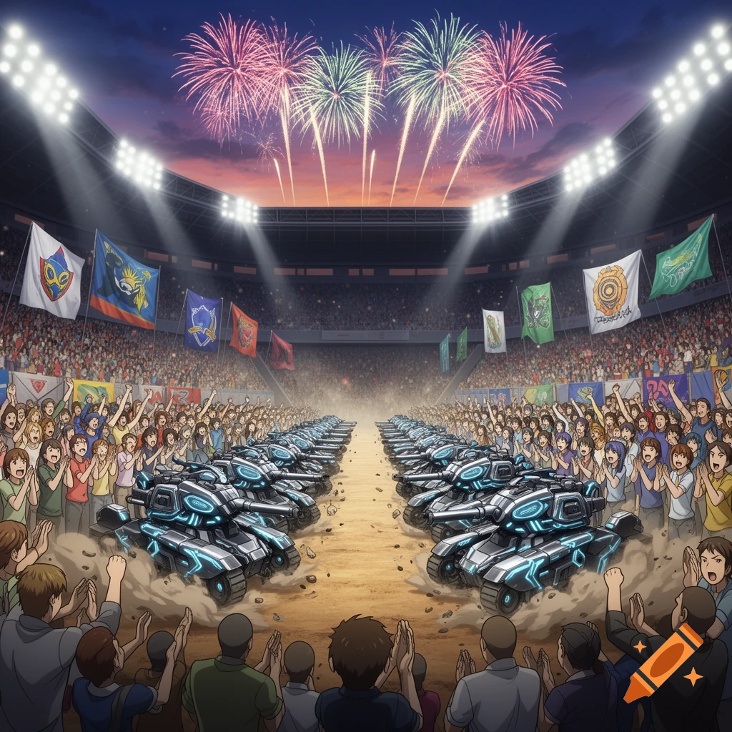 An anime-style scene of futuristic tanks in a stadium arena, surrounded by cheering crowds, with fireworks exploding above.