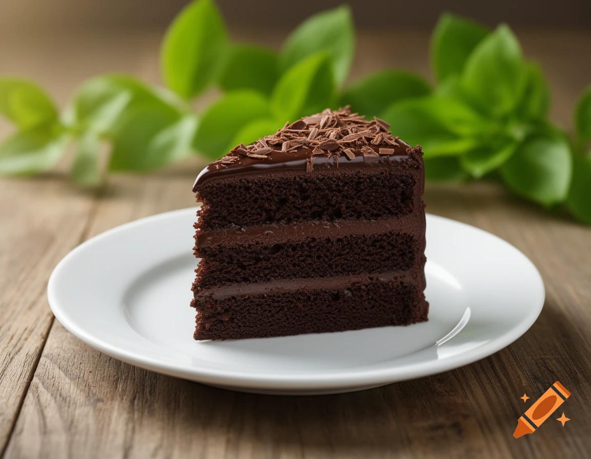 A photorealistic slice of chocolate cake with ganache and chocolate shavings on a white plate, against a blurred wooden table and green leaves.