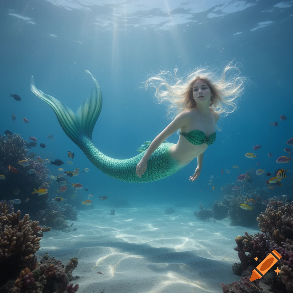 A photorealistic mermaid with long blonde hair and a green tail swims underwater among coral and colorful fish, with sunlight streaming from above.