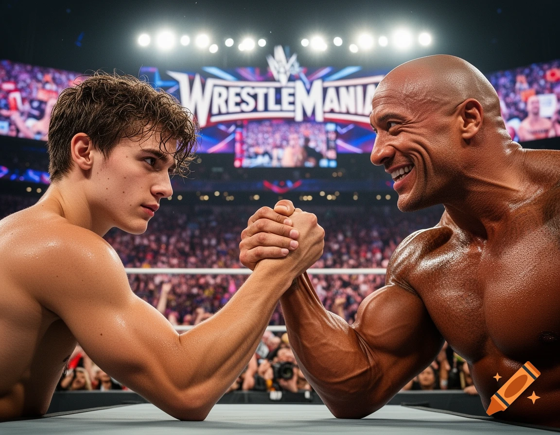 A photorealistic image of Troye Sivan and Dwayne Johnson arm wrestling in a packed Wrestlemania arena.