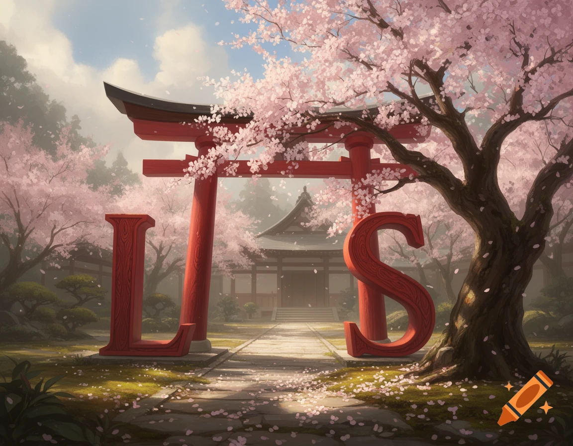 A scenic Japanese garden with a red torii gate where the pillars are large red letters 'L' and 'S', surrounded by pink cherry blossoms.