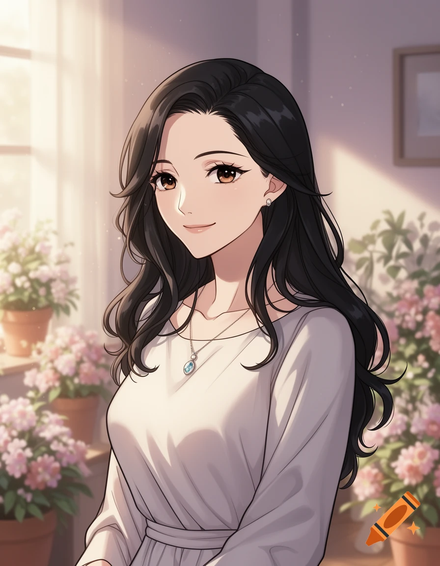 Anime-style portrait of a smiling woman with long dark hair, wearing a white dress and necklace, surrounded by pink potted flowers in soft sunlight.