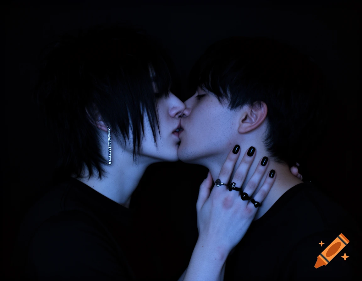 Two young people with dark hair and pale skin kiss intimately in a dim, high-contrast, blue-lit scene with gothic details like an earring, black nails, and rings.