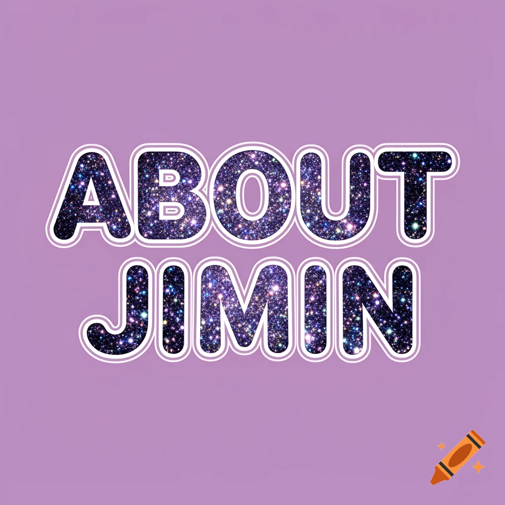 Stylized text "ABOUT JIMIN" in glittery, galaxy-filled bubble letters with a white outline on a solid purple background.