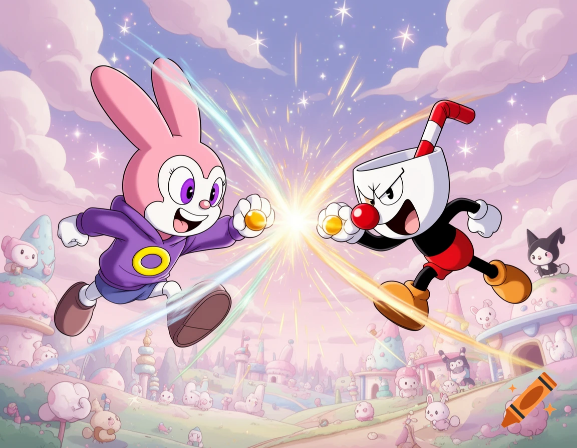 Cartoon characters resembling a pink rabbit and Cuphead clash with energy blasts in a whimsical, pastel world filled with cute creatures.