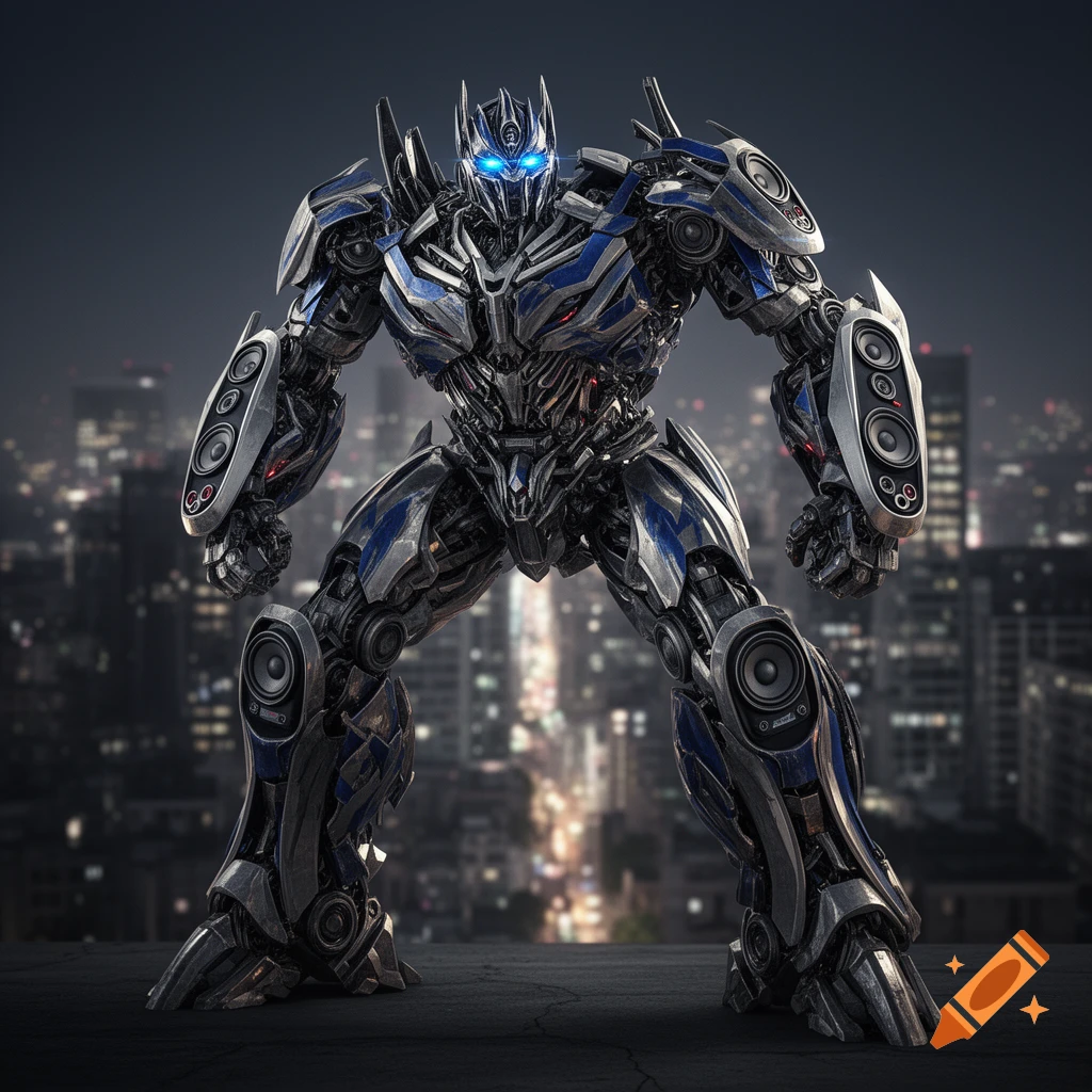 A detailed blue and silver Bayverse transformer robot with glowing eyes and speakers on its limbs, standing on a city rooftop at night.