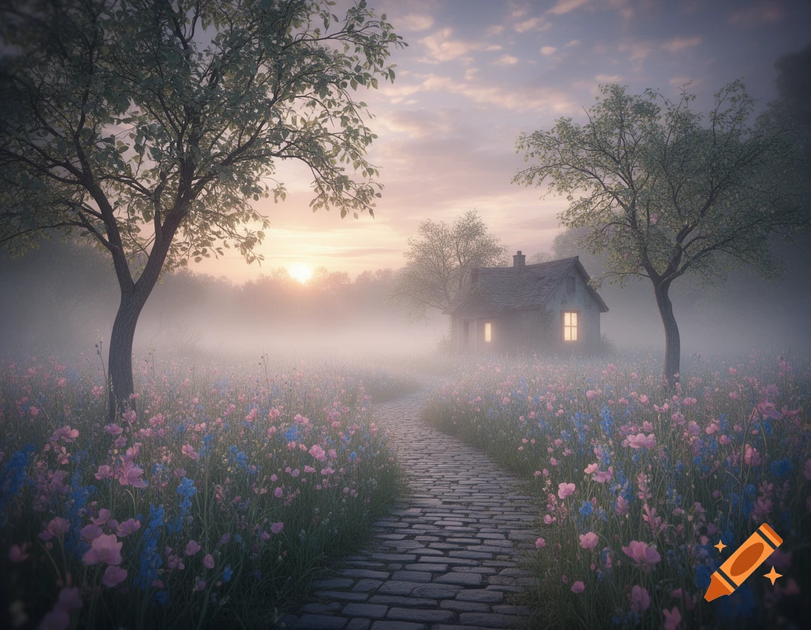 A misty field of pink and blue wildflowers, with a cobblestone path leading to a quaint cottage at sunrise, flanked by trees.