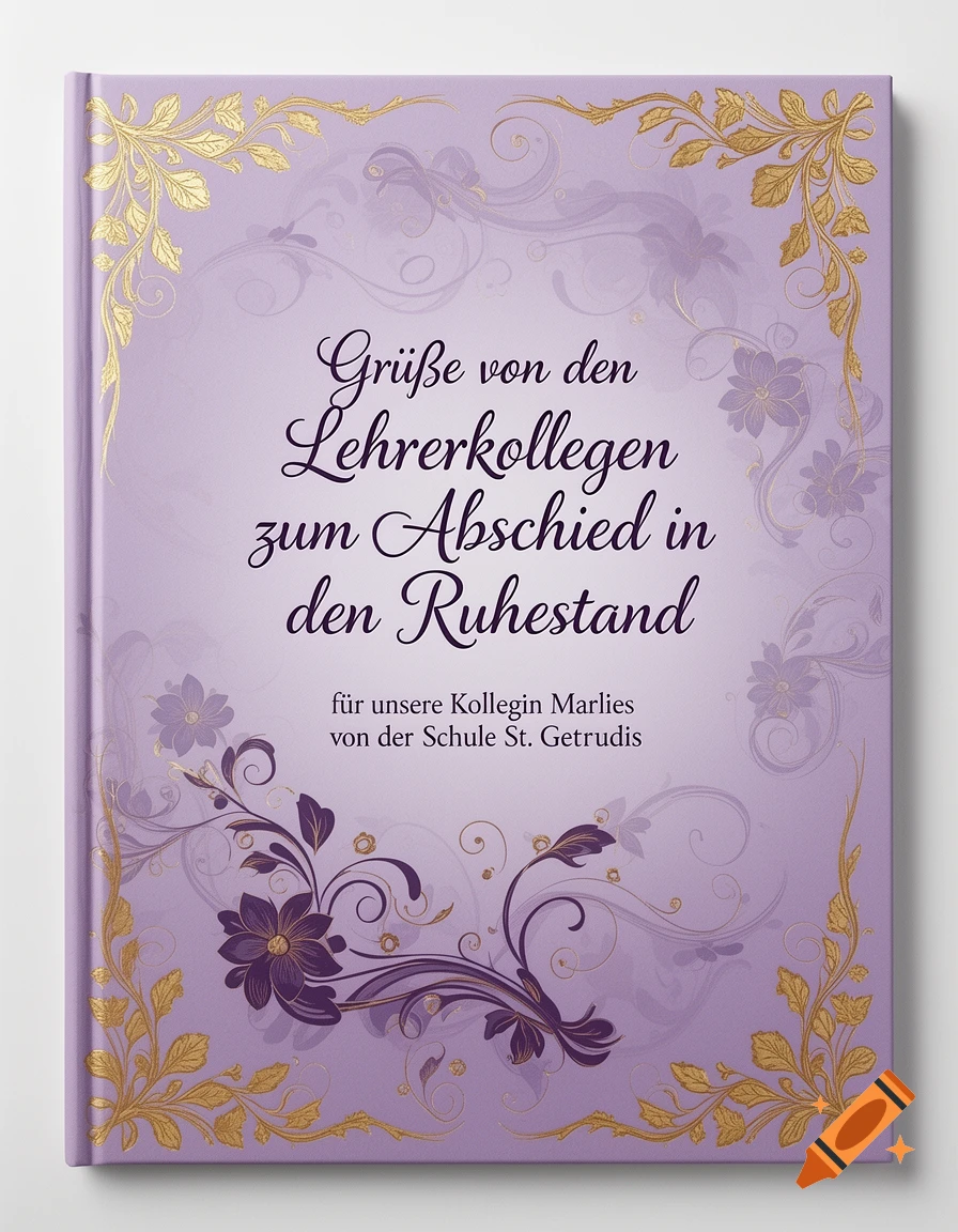 A lavender book cover features elegant gold and purple floral arrangements, framing the text "Grüße von den Lehrerkollegen zum Abschied in den Ruhestand für unsere Kollegin Marlies von der Schule St. Gertrudis" in a decorative script.