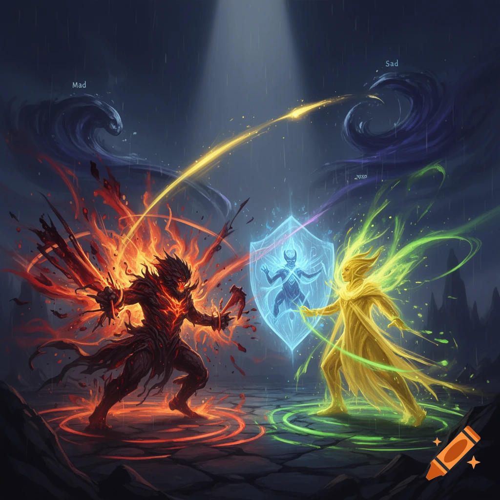 A dark, fiery figure labeled "Mad" battles a glowing yellow figure labeled "Sad" amidst magical energy streams in a dark, stylized fantasy setting.