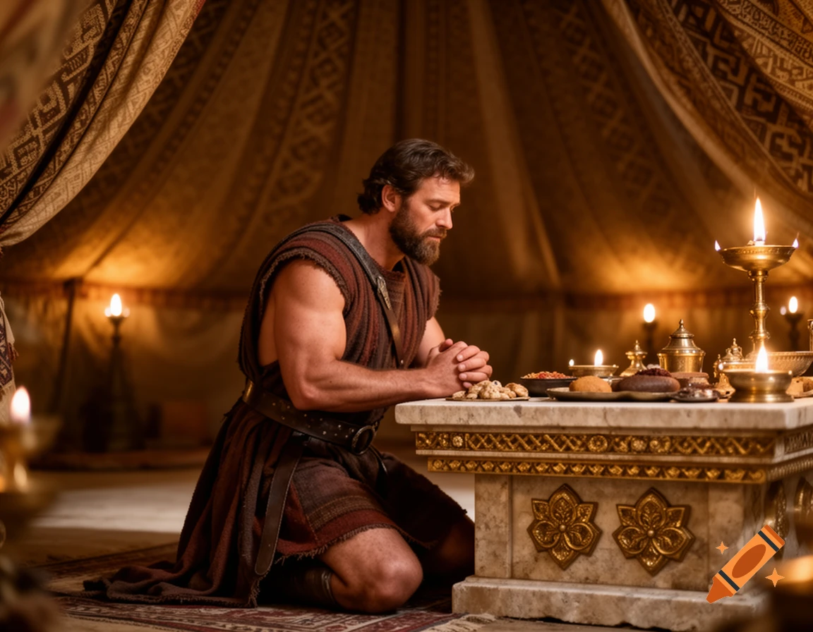 A muscular man in ancient attire kneels in prayer before an ornate altar inside a dimly lit tent, illuminated by candles.